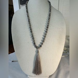 Heavy agate or polished marble gray Mala tassel necklace